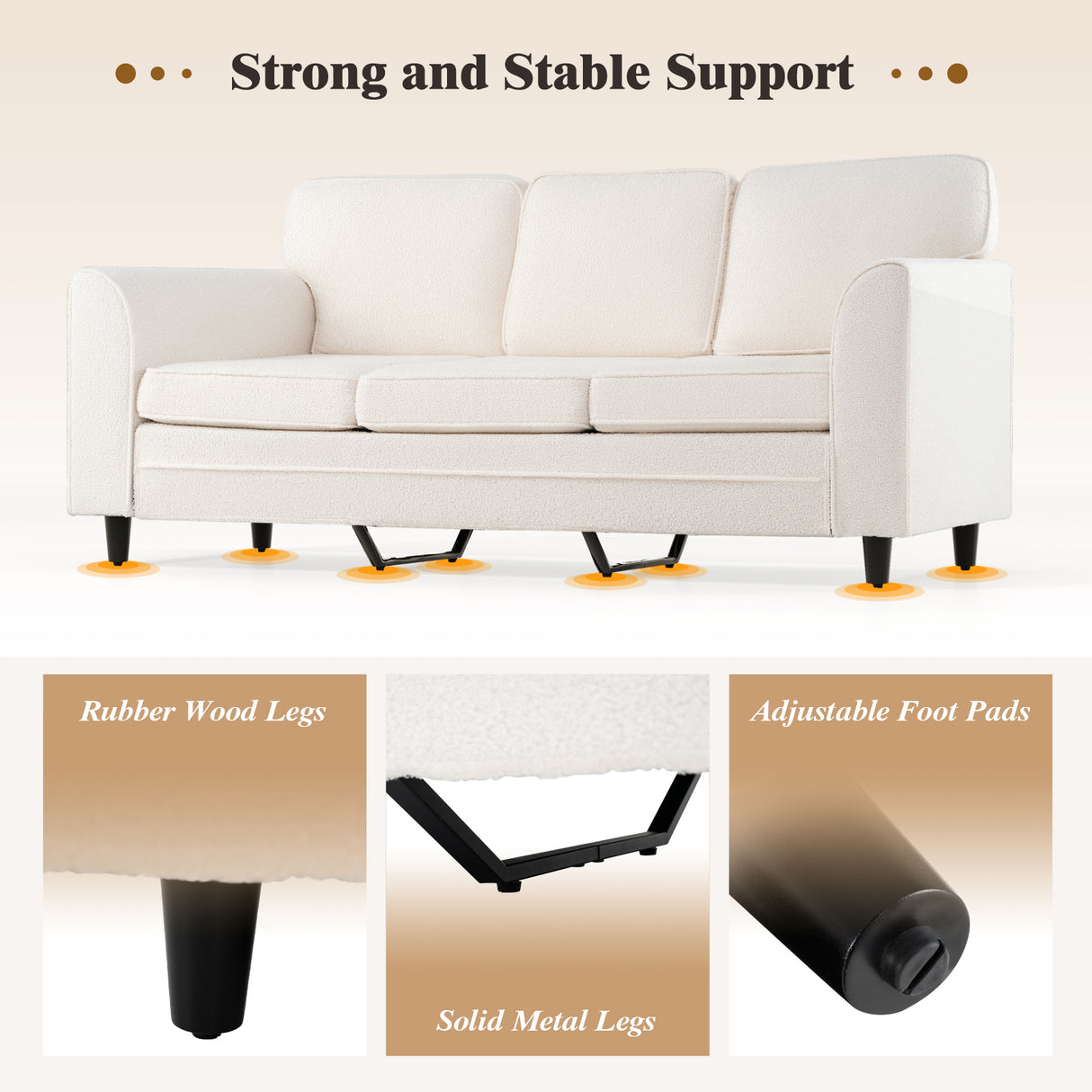 Upholstered Teddy Velvet 3-Seat Sofa with Comfy Back Pillows