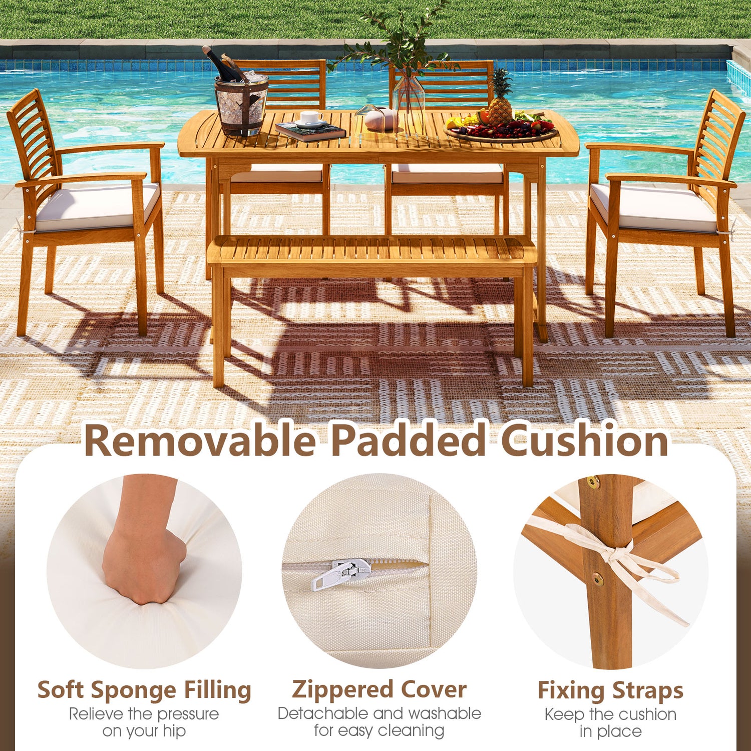 6 Pieces Outdoor Acacia Wood Dining Set with Umbrella Hole