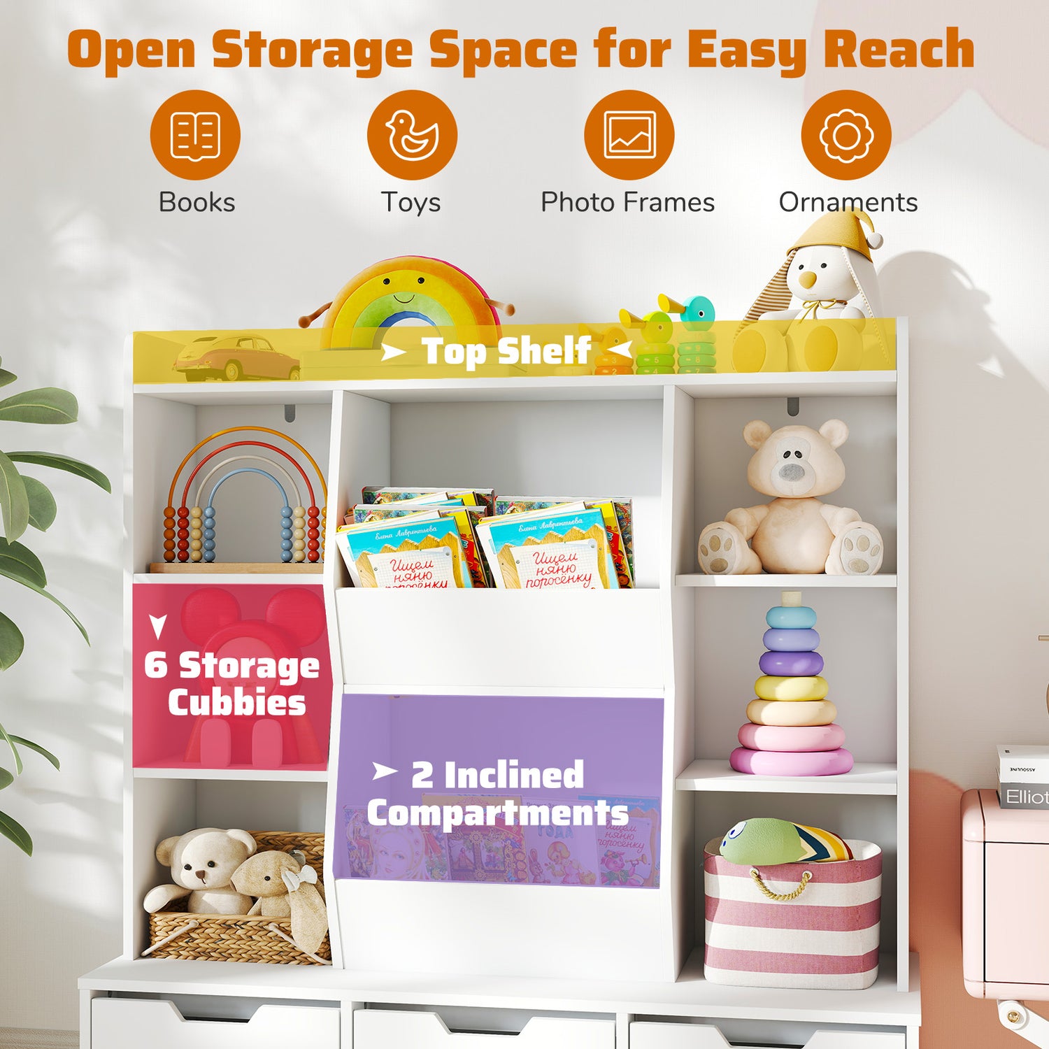 47" Children Bookcase Toy Storage Organizer Versatile Storage Cabinet-White