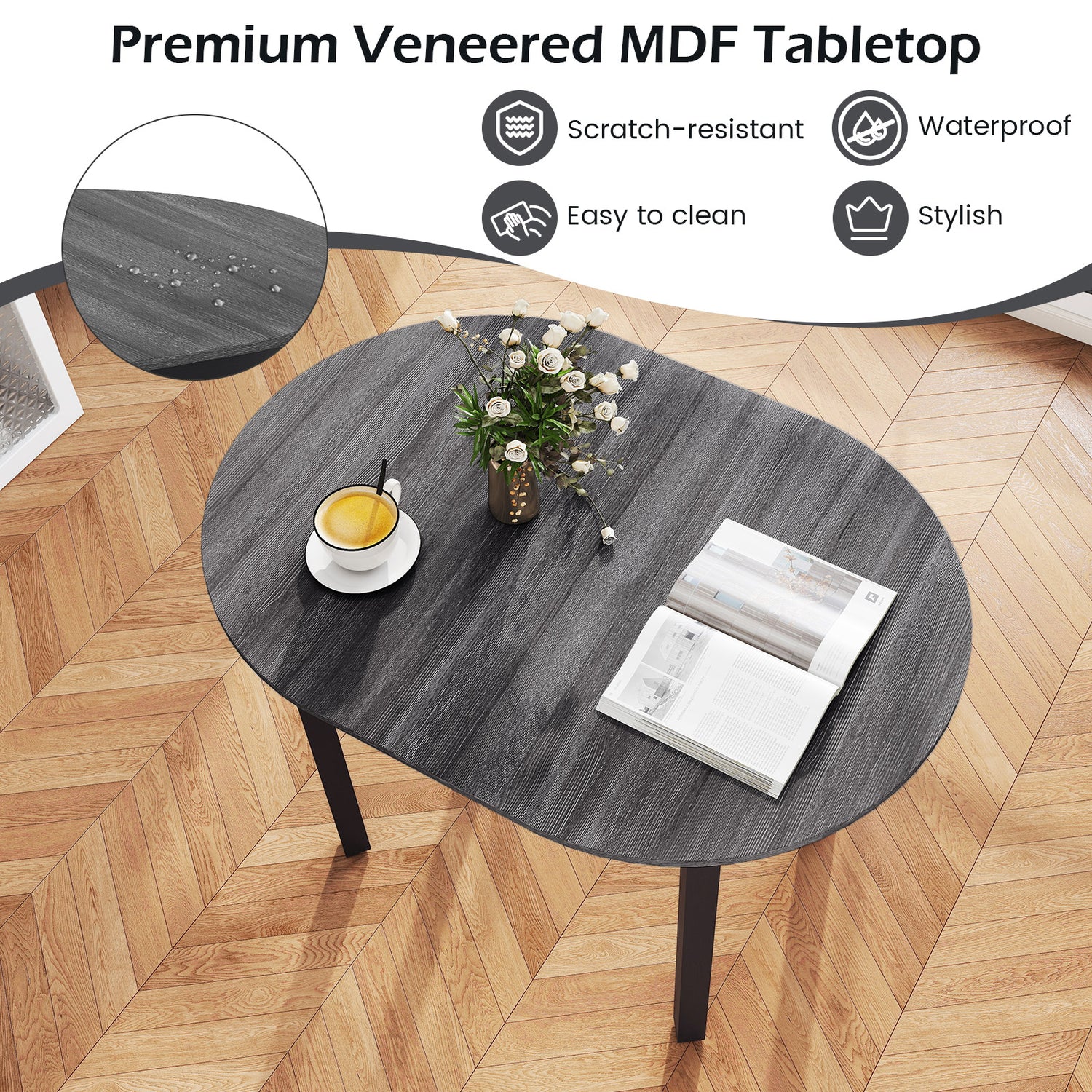 43 Inch Wooden Dining Table with Rubber Wood Legs for 2-4 People-Black