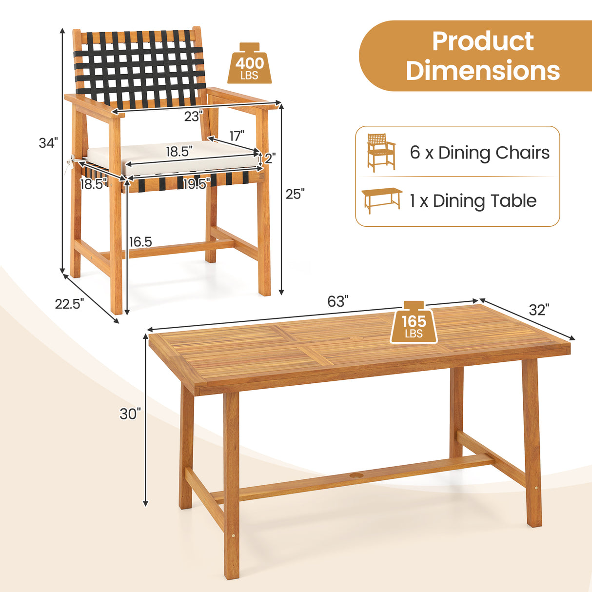 7-Piece Patio Dining Set for 6 People Farmhouse Furniture