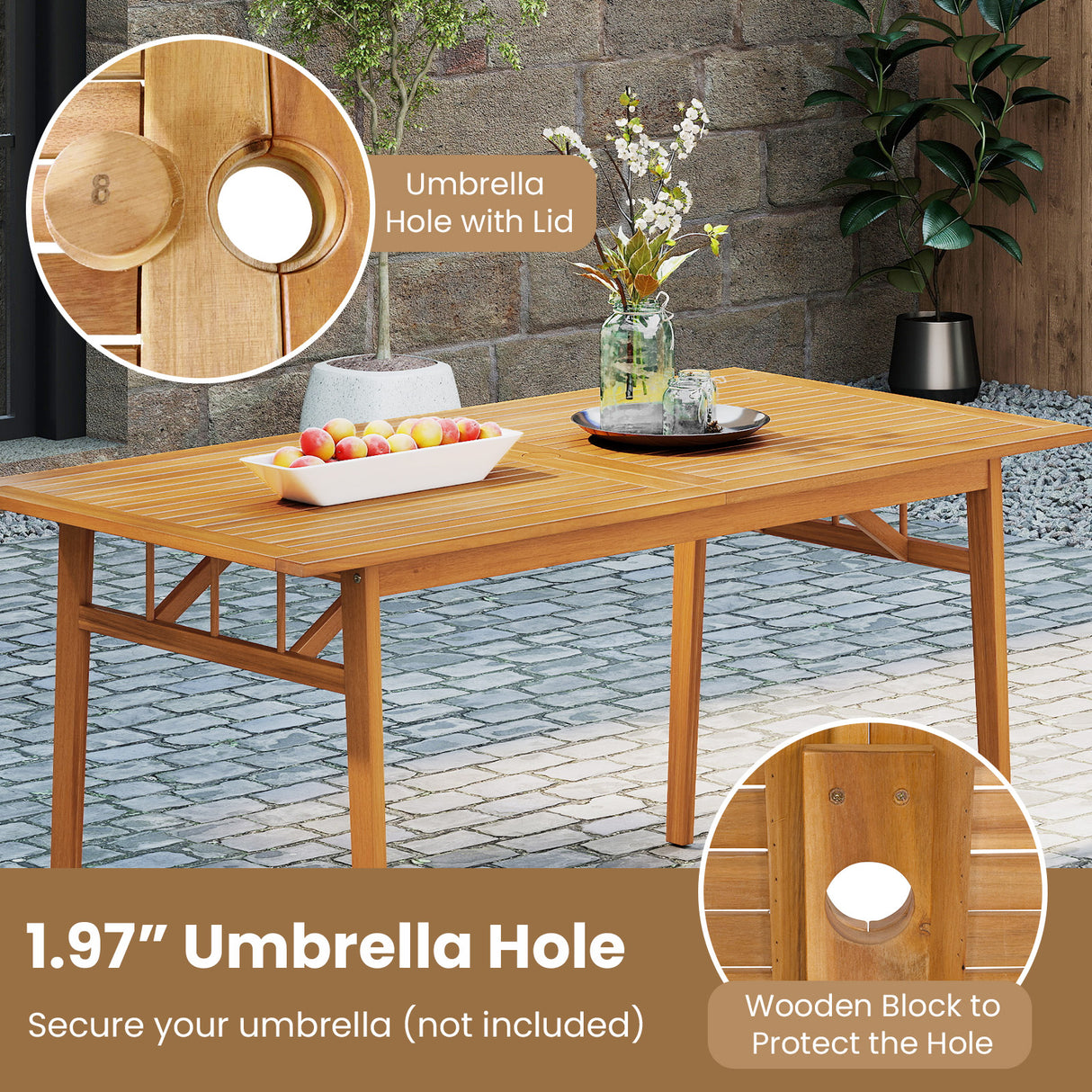 6 Pieces Patio Acacia Wood Dining Set with Bench Rectangular Table and Chairs