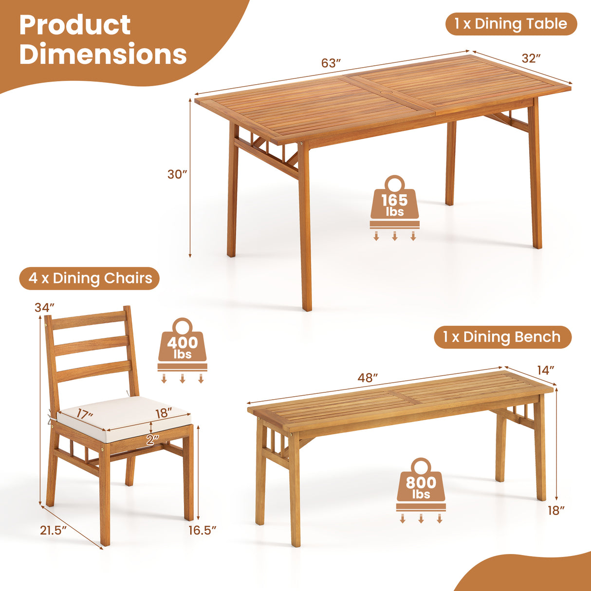 6 Pieces Patio Acacia Wood Dining Set with Bench Rectangular Table and Chairs