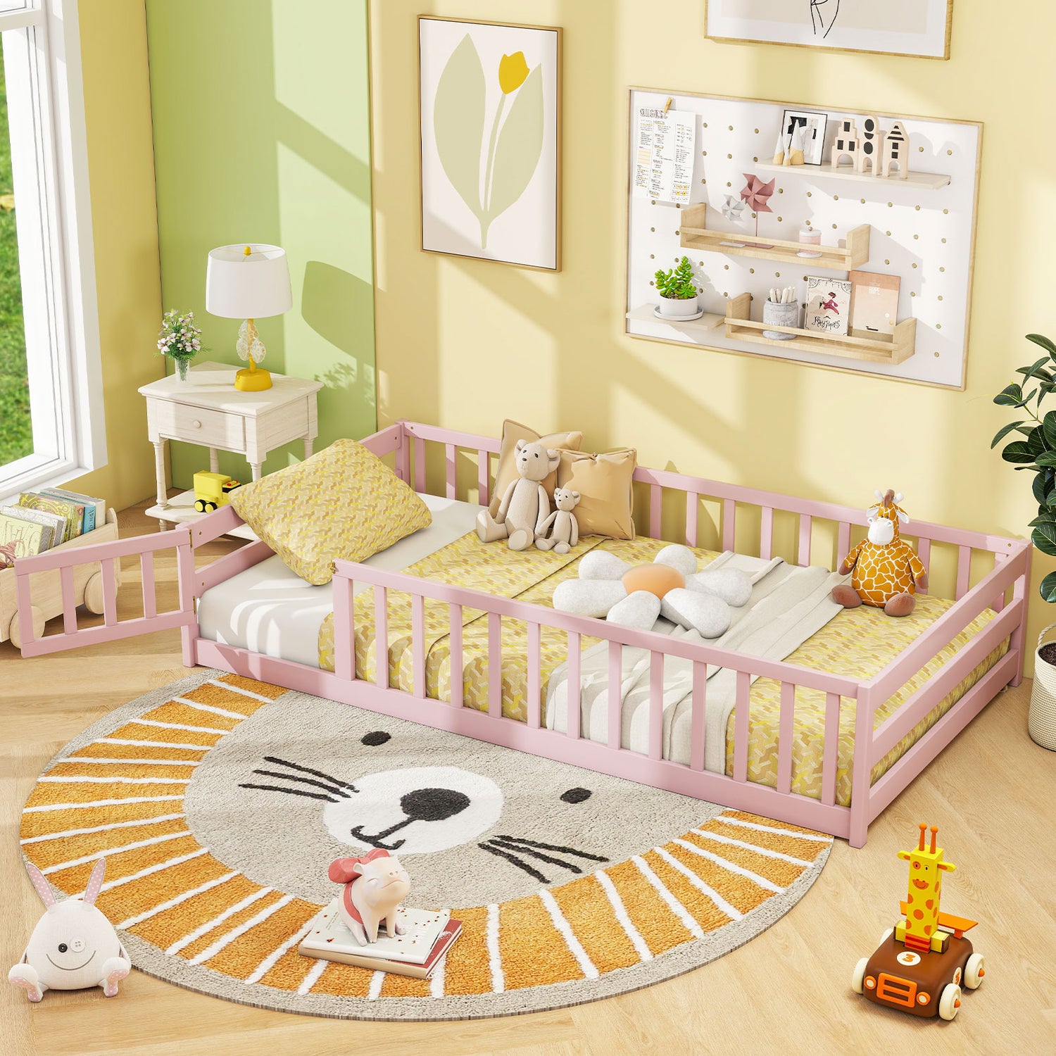 Twin Size Kids Wood Montessori Floor Bed with Door and Fence