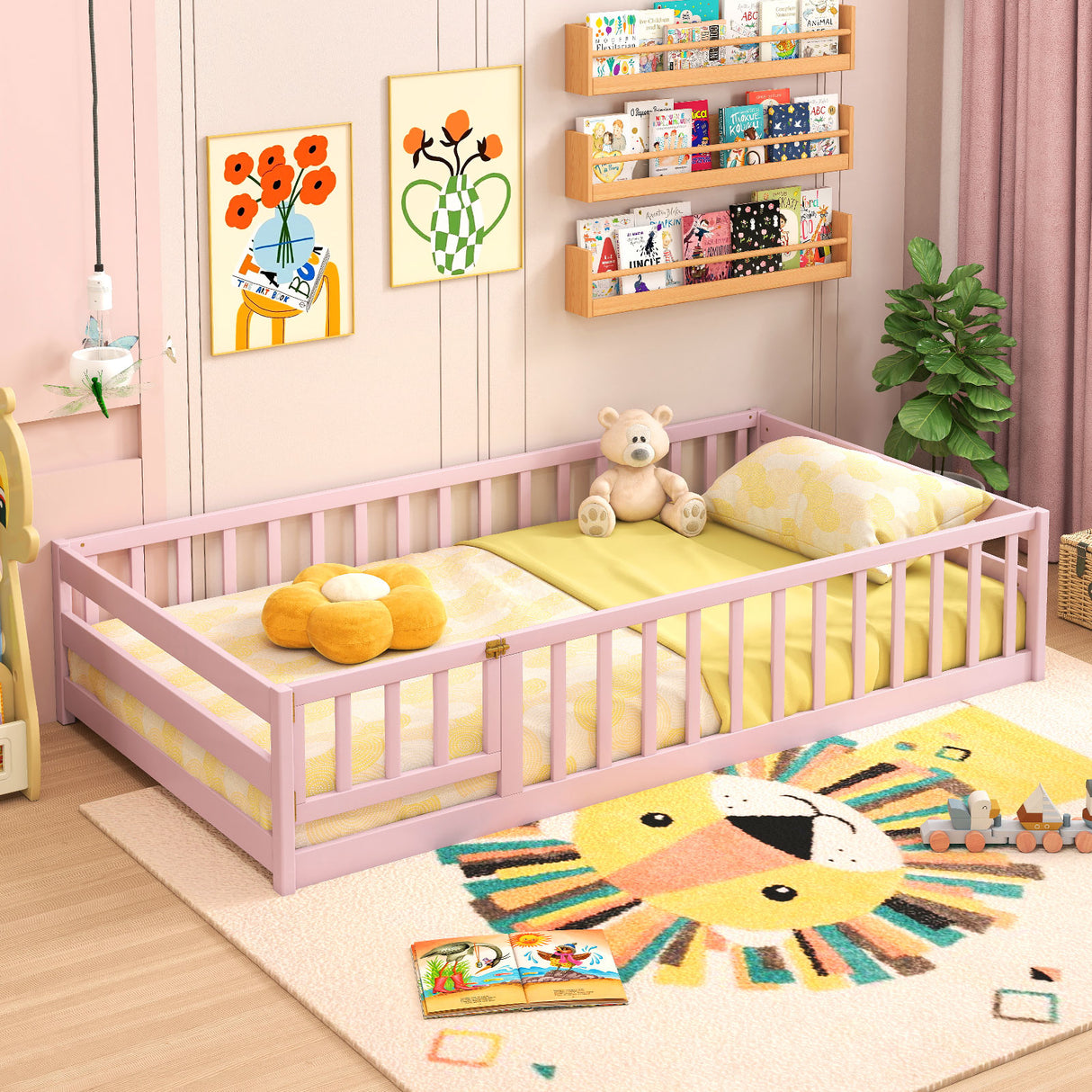 Twin Size Kids Wood Montessori Floor Bed with Door and Fence