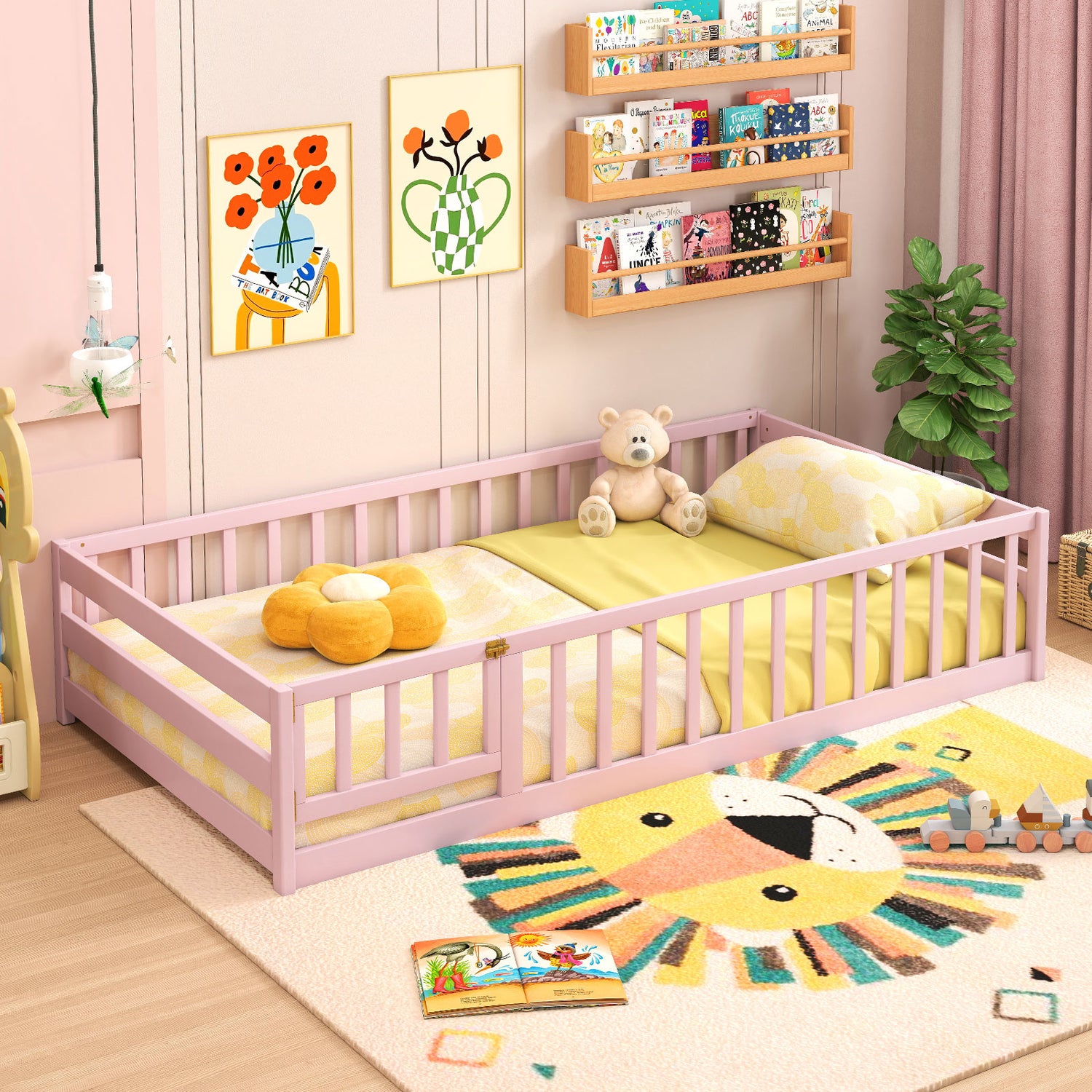 Twin Size Kids Wood Montessori Floor Bed with Door and Fence