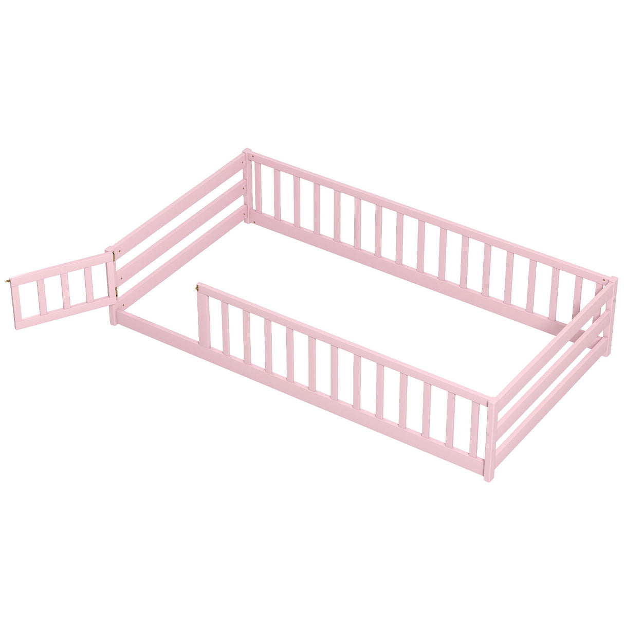 Twin Size Kids Wood Montessori Floor Bed with Door and Fence
