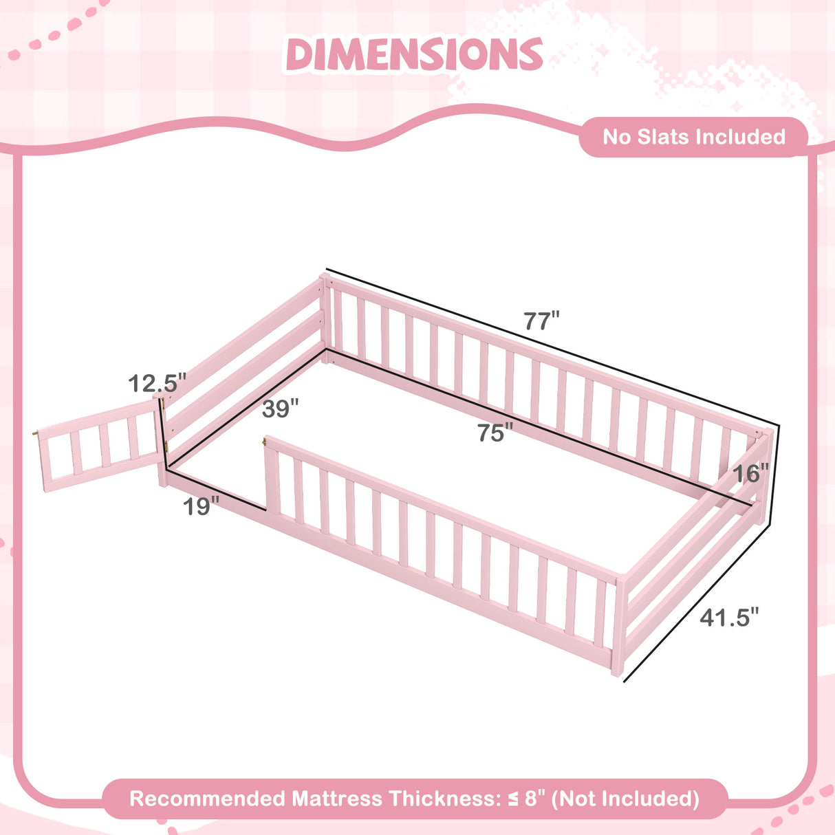 Twin Size Kids Wood Montessori Floor Bed with Door and Fence