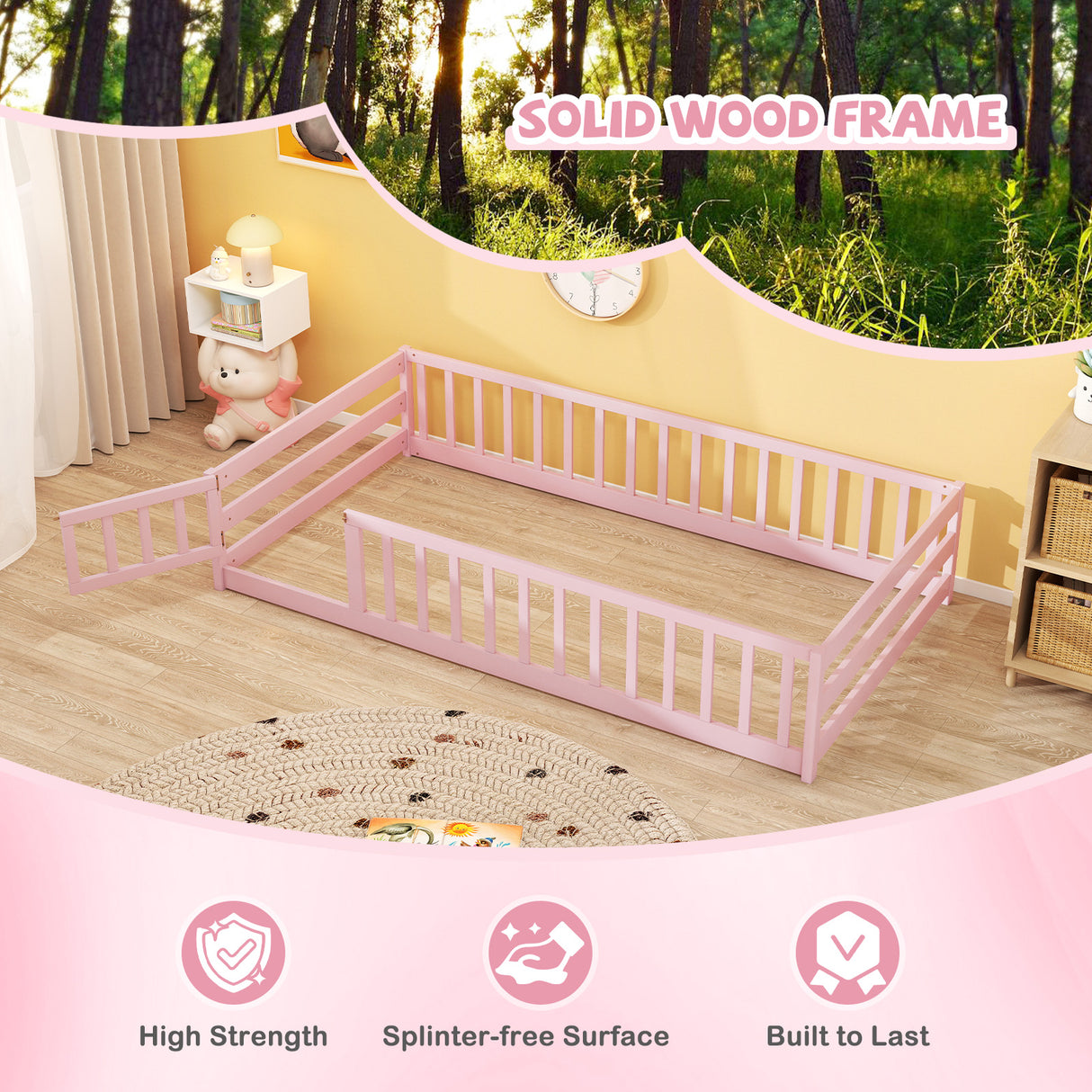 Twin Size Kids Wood Montessori Floor Bed with Door and Fence