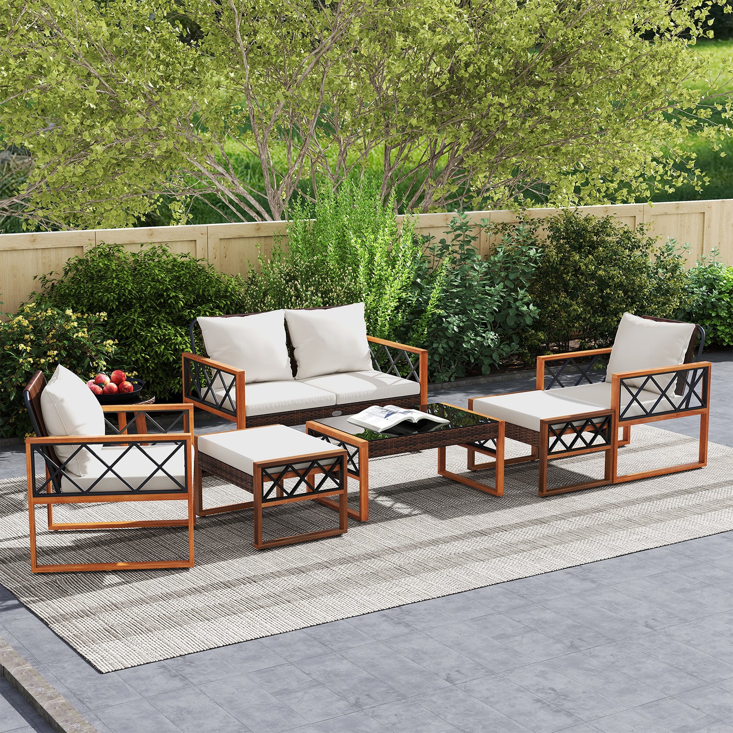 7 Pieces Patio Furniture Set PE Wicker Acacia Wood Outdoor Conversation Set