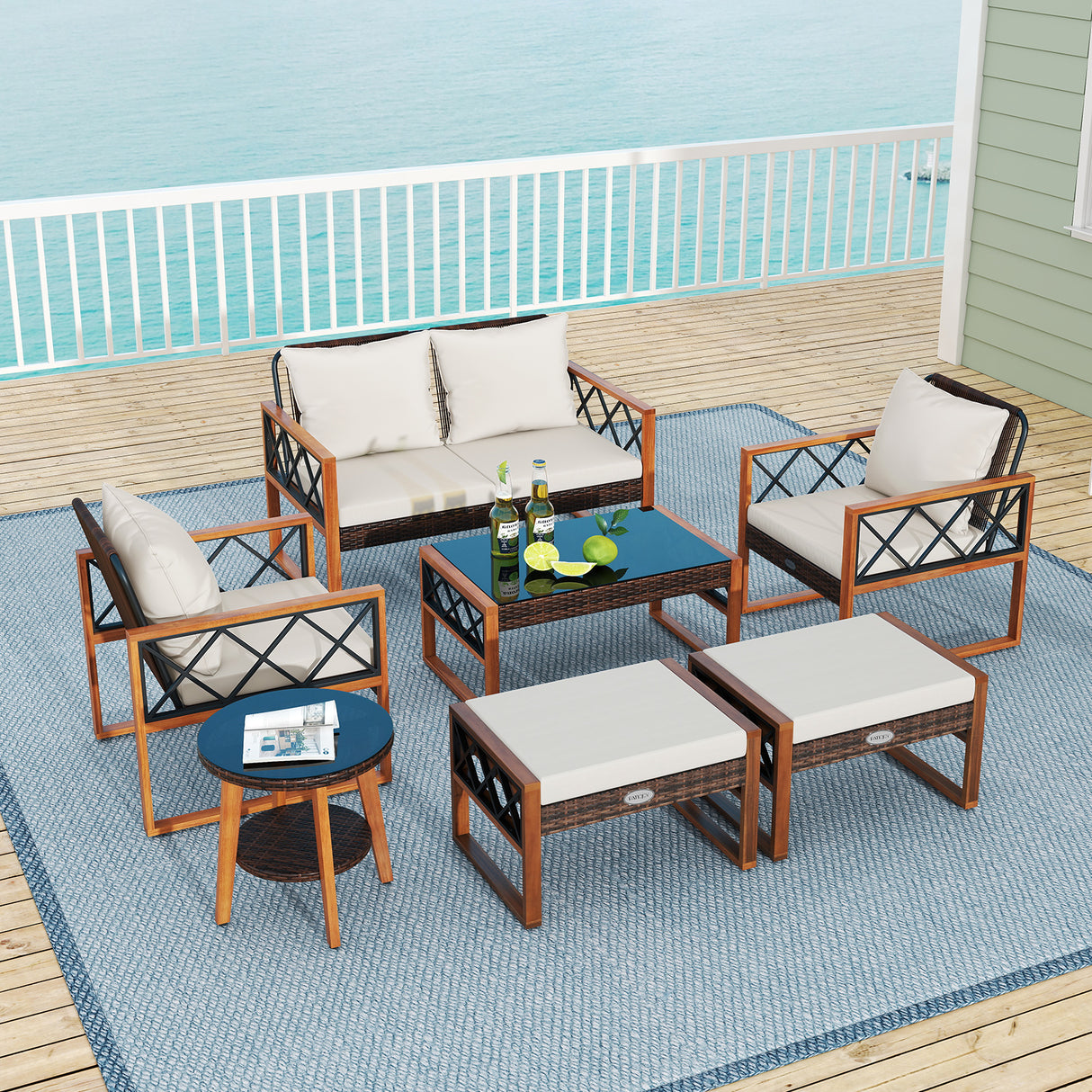 7 Pieces Patio Furniture Set PE Wicker Acacia Wood Outdoor Conversation Set