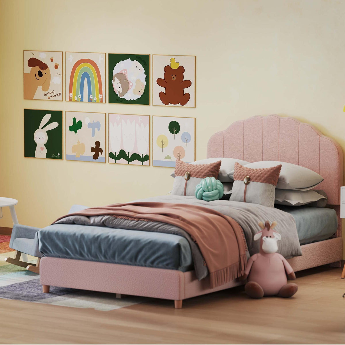 Childrenâs Room Furniture Bundle: Twin Pink Bed Blue & Pink Rocking Chairs Storage End Table