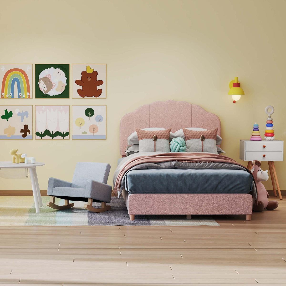 Childrenâs Room Furniture Bundle: Twin Pink Bed Blue & Pink Rocking Chairs Storage End Table