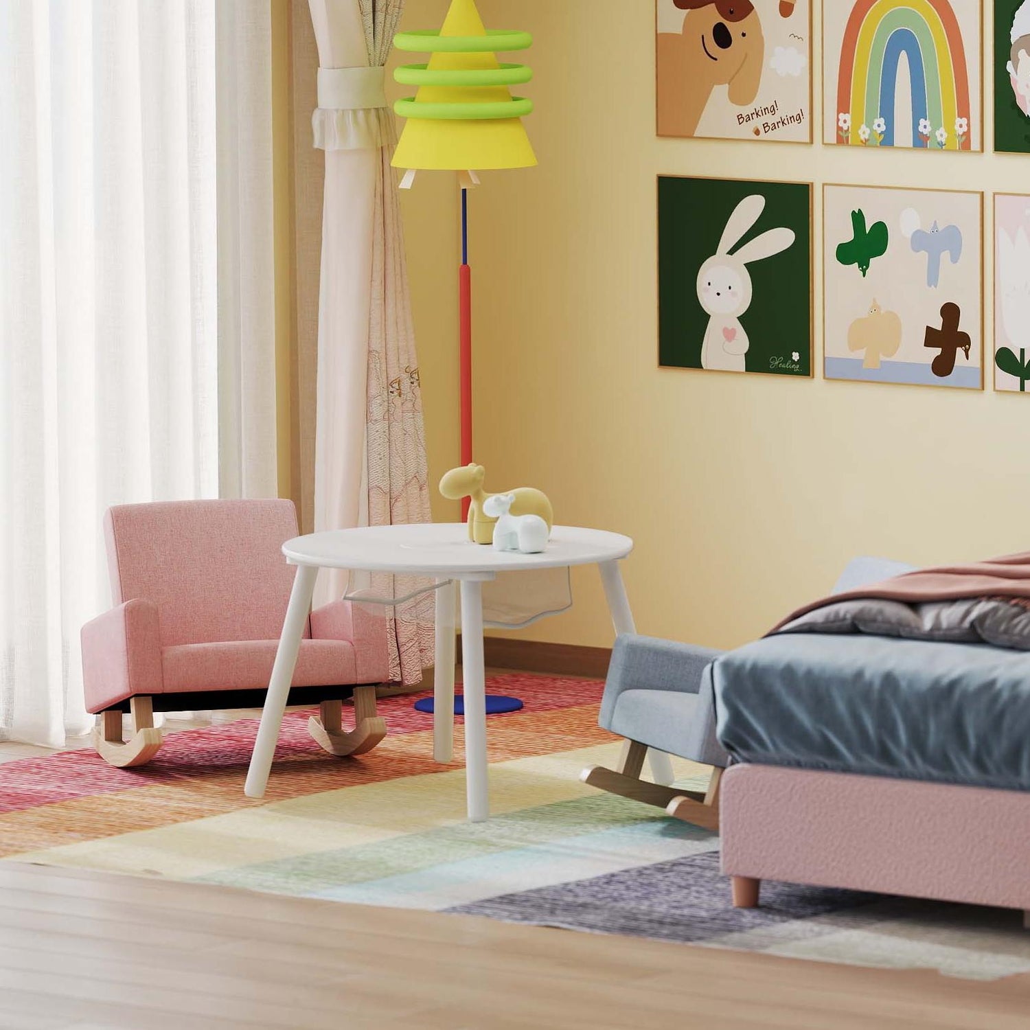 Children's Room Furniture Bundle: Twin Pink Bed Blue & Pink Rocking Chairs Storage End Table