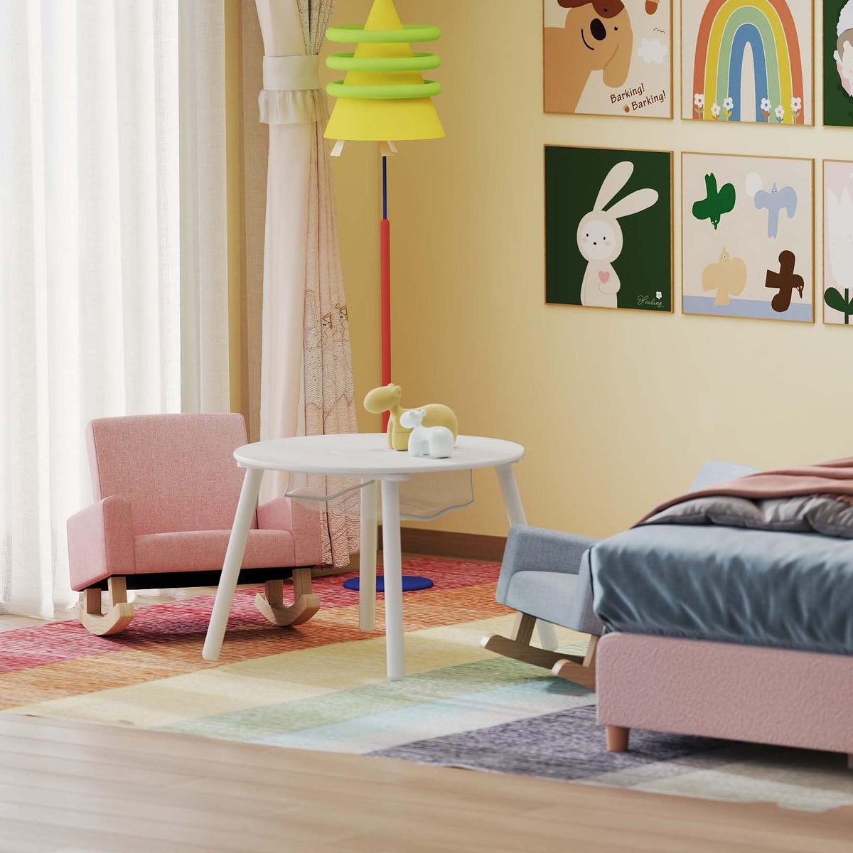 Childrenâs Room Furniture Bundle: Twin Pink Bed Blue & Pink Rocking Chairs Storage End Table