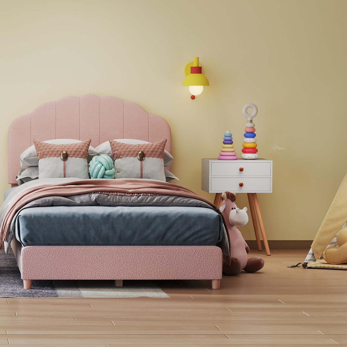 Childrenâs Room Furniture Bundle: Twin Pink Bed Blue & Pink Rocking Chairs Storage End Table