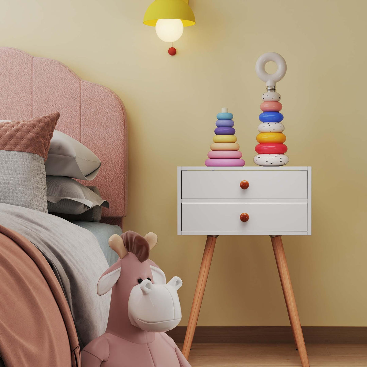 Childrenâs Room Furniture Bundle: Twin Pink Bed Blue & Pink Rocking Chairs Storage End Table