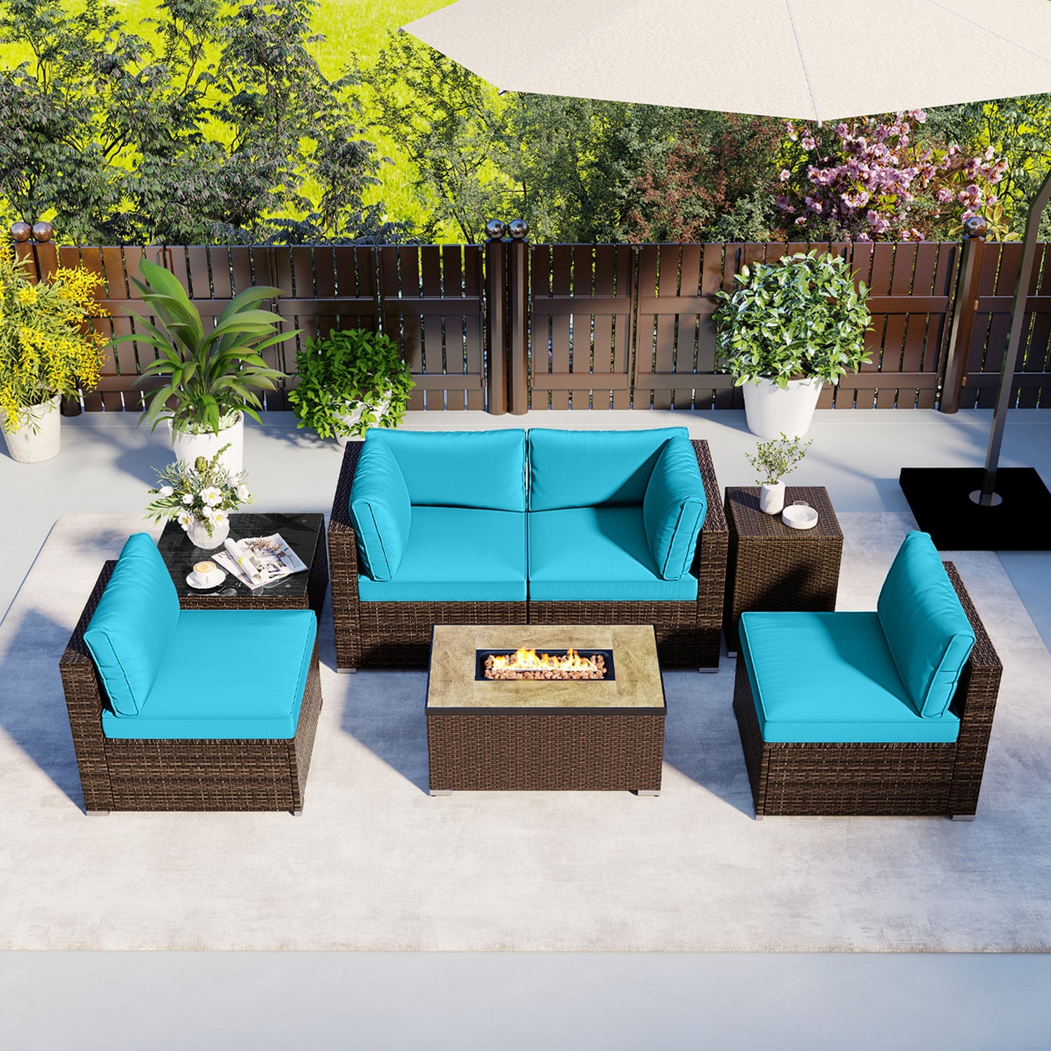 7 Pieces Outdoor Furniture Set with 32 Inch Fire Pit Table and Propane Tank Cover