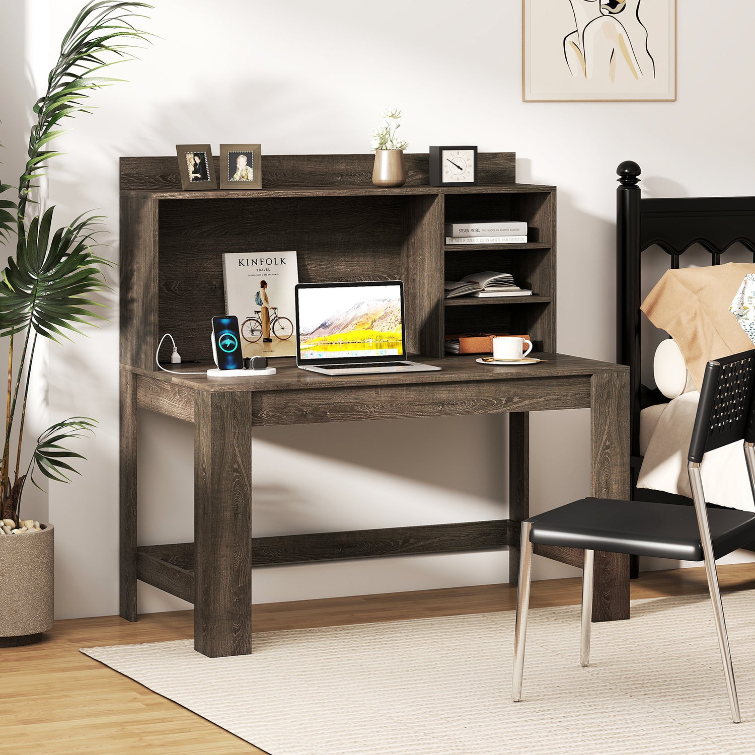 Modern Computer Desk with Hutch and Storage Shelves