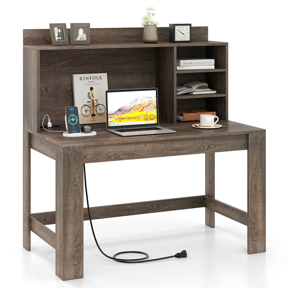 Modern Computer Desk with Hutch and Storage Shelves