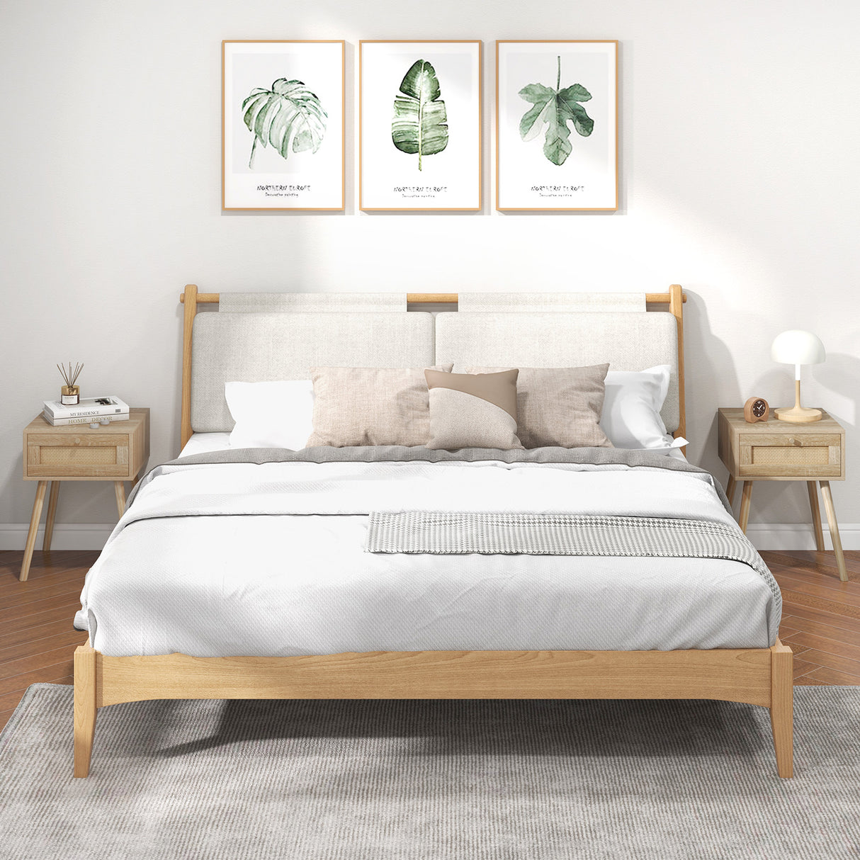 Set of 2 Modern Rattan Nightstand with Drawer and Solid Wood Legs for Bedroom and Living Room-Oak