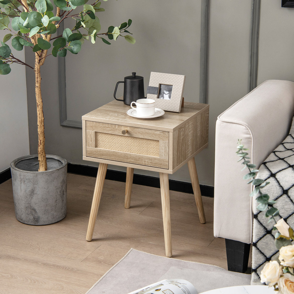 Set of 2 Modern Rattan Nightstand with Drawer and Solid Wood Legs for Bedroom and Living Room-Oak