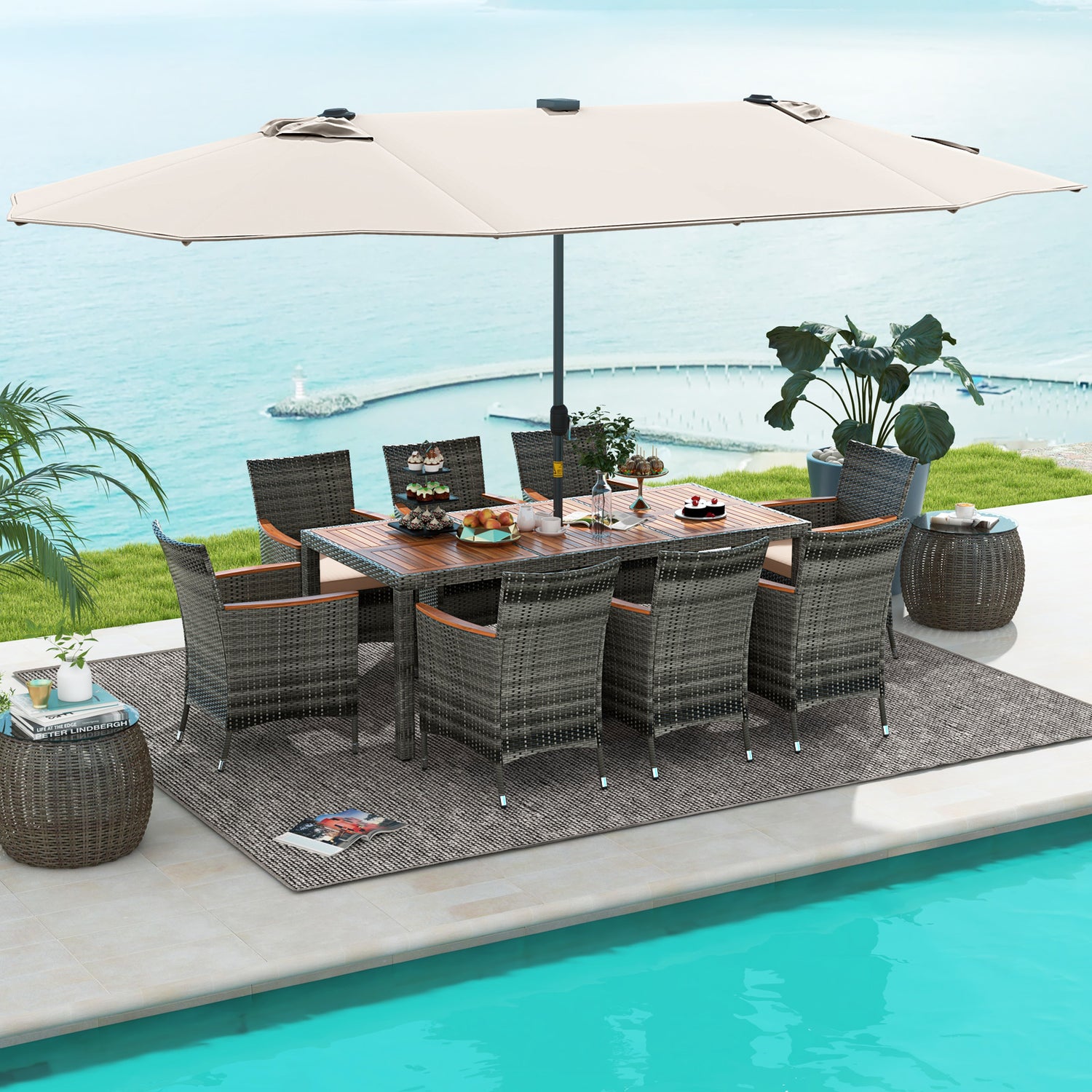 11 Pieces Patio Dining Set with 15 Feet Double-Sided Patio Umbrella Base Included