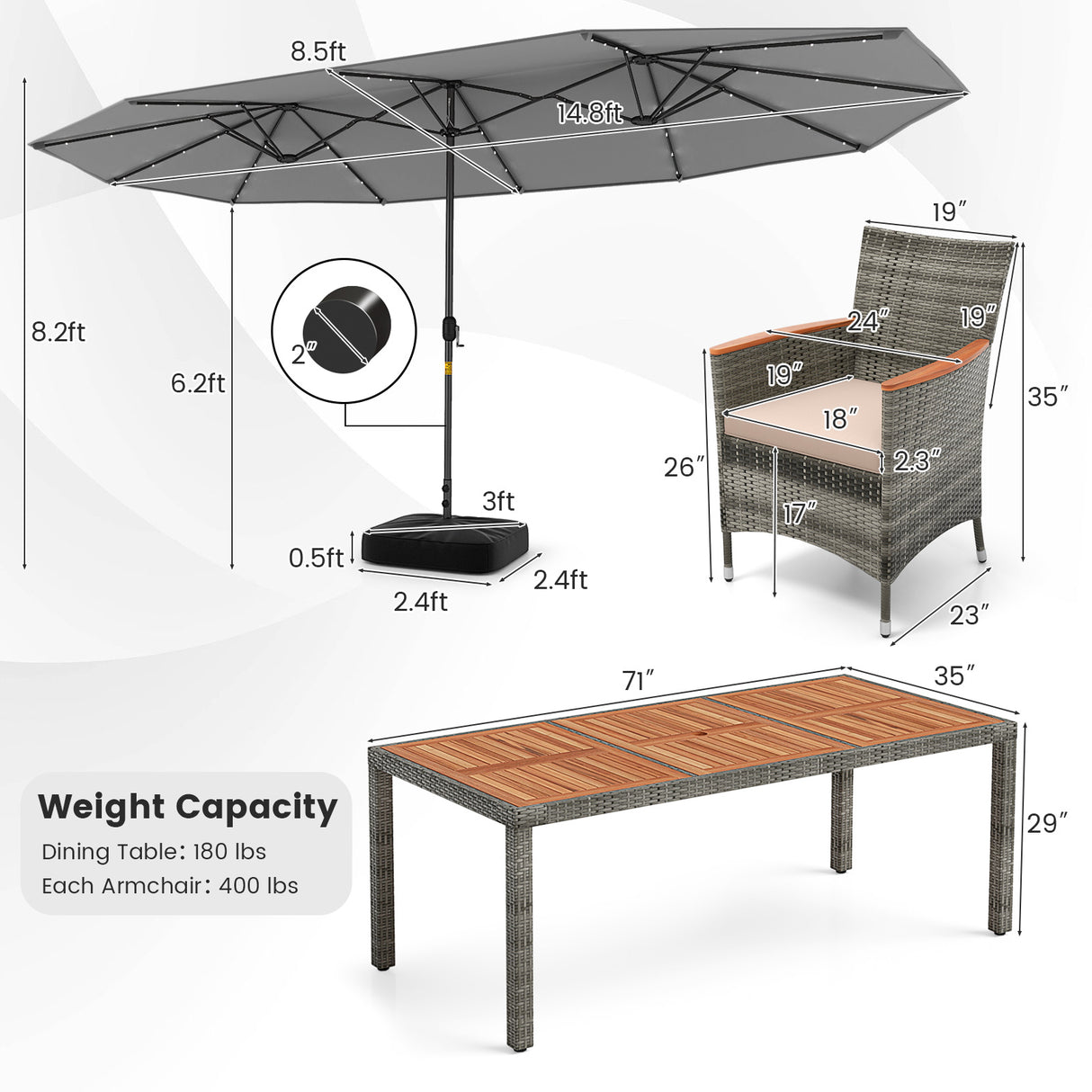 11 Pieces Patio Dining Set with 15 Feet Double-Sided Patio Umbrella Base Included