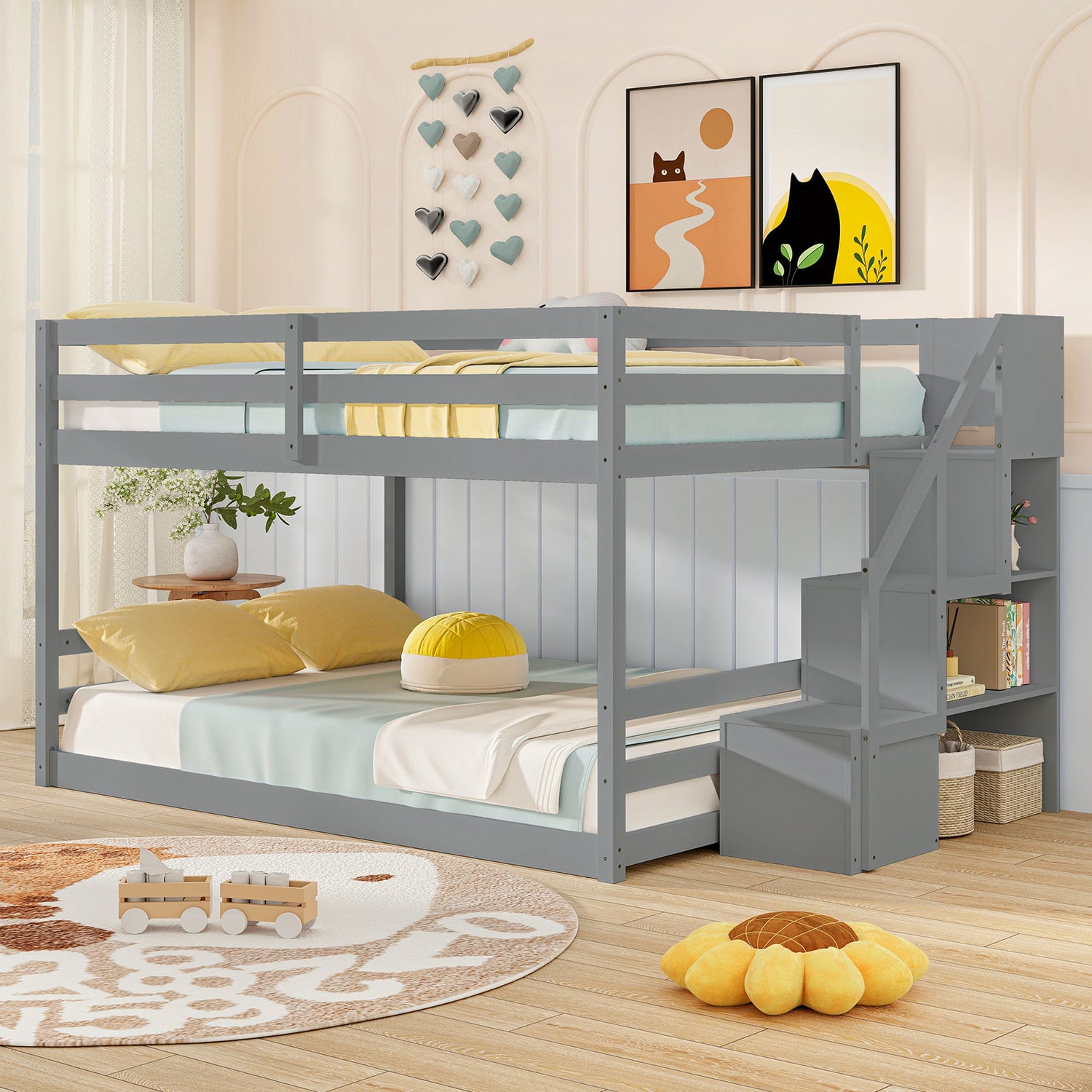 Solid Wood Full Over Full Low Bunk Bed with Storage Stairs