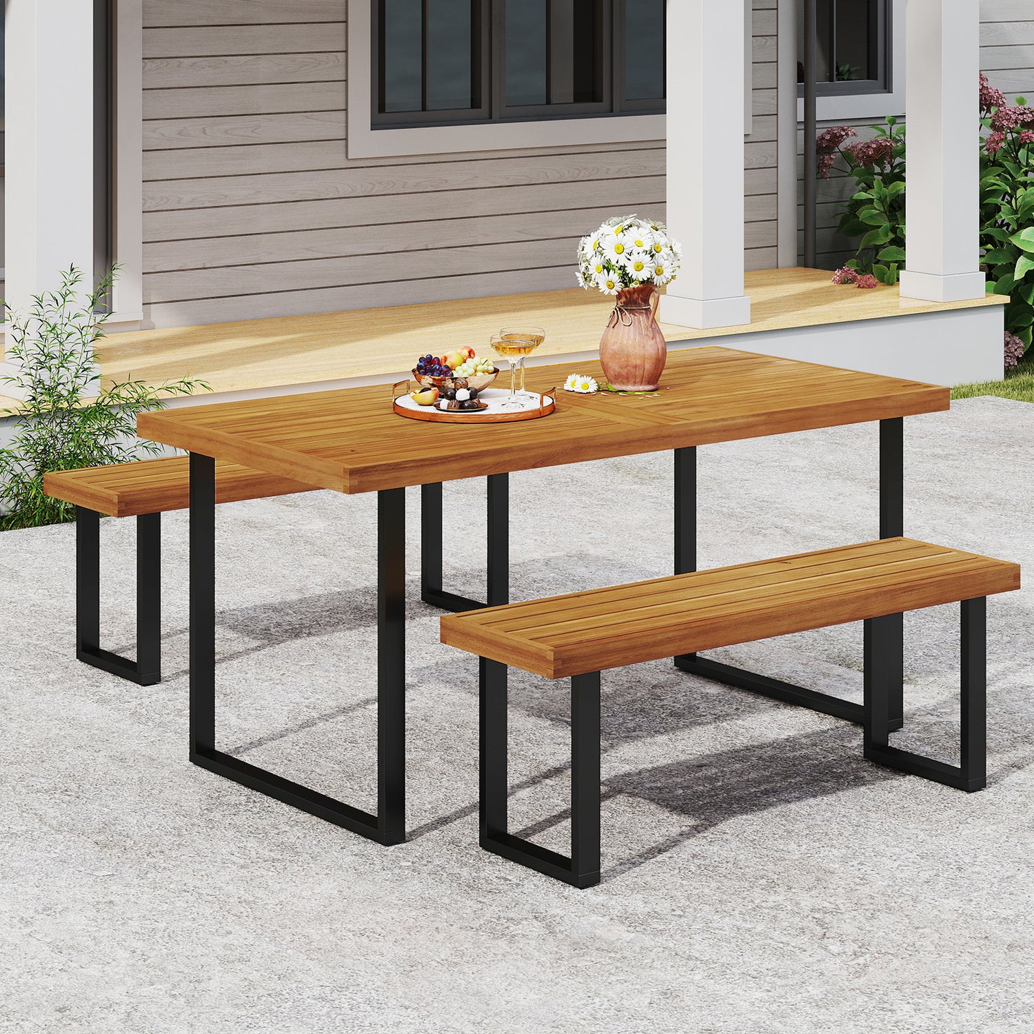 3 Pieces Patio Dining Table Set 63â Rectangle Table and 2 Backless Bench