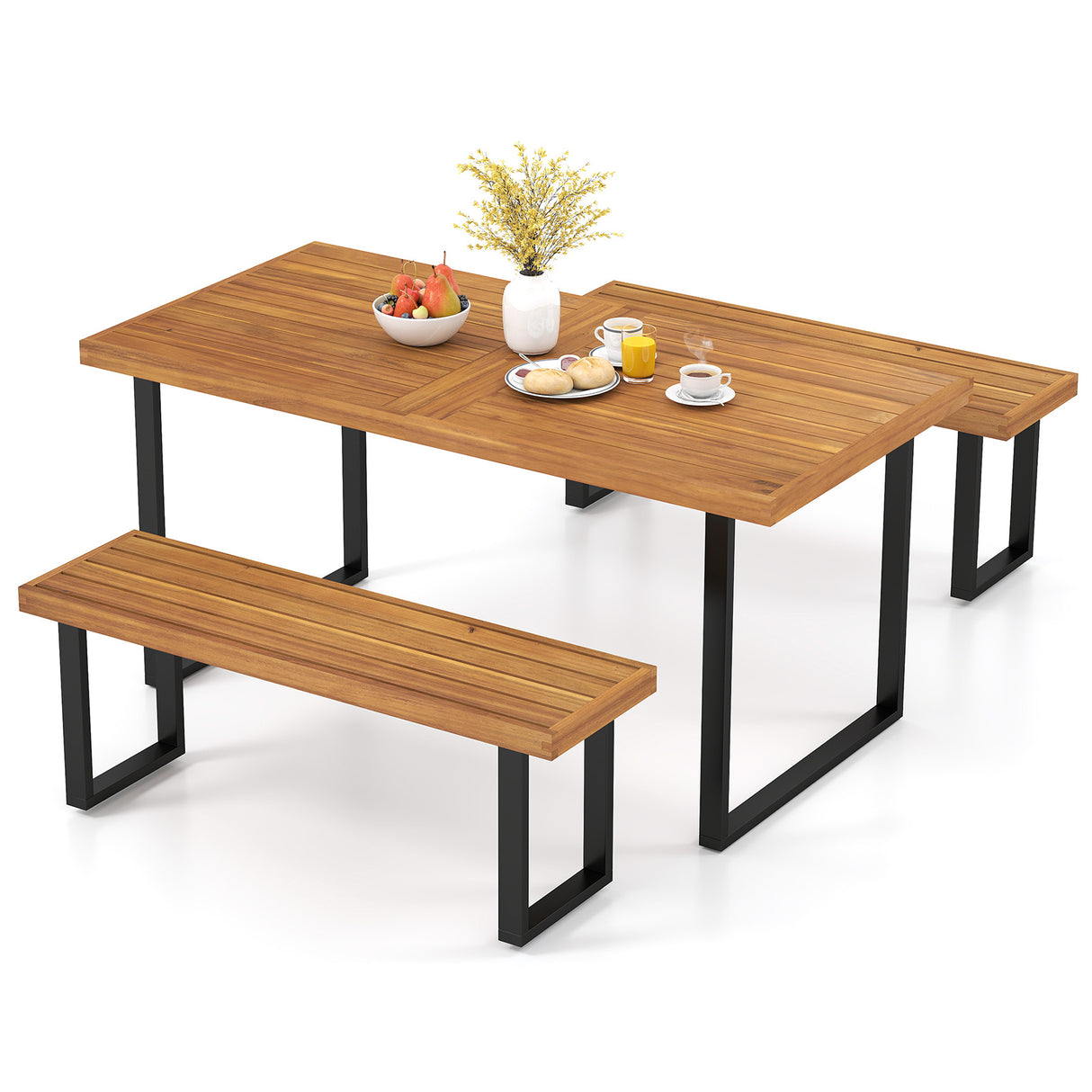 3 Pieces Patio Dining Table Set 63â Rectangle Table and 2 Backless Bench