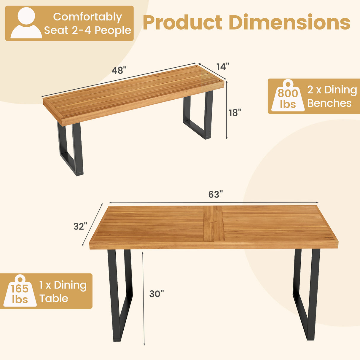 3 Pieces Patio Dining Table Set 63â Rectangle Table and 2 Backless Bench