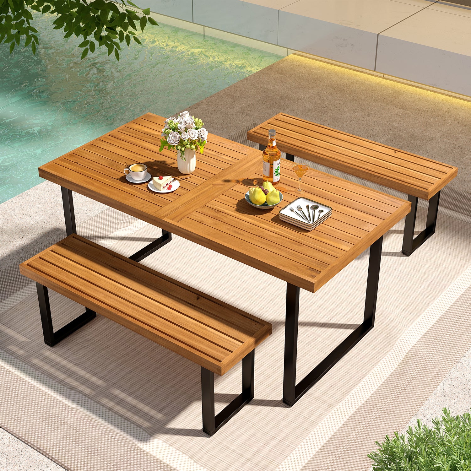 3 Pieces Patio Dining Table Set 63â Rectangle Table and 2 Backless Bench