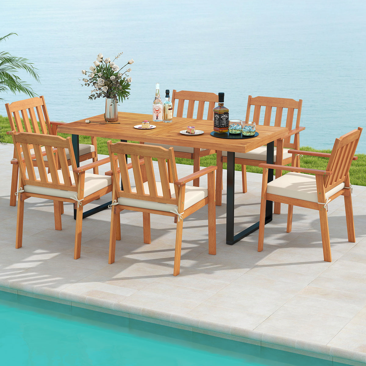 7 Pieces Patio Dining Table Set 63â Rectangle Table and 6 Acacia Wood Armchairs