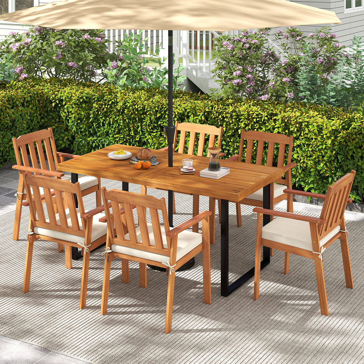7 Pieces Patio Dining Table Set 63â Rectangle Table and 6 Acacia Wood Armchairs