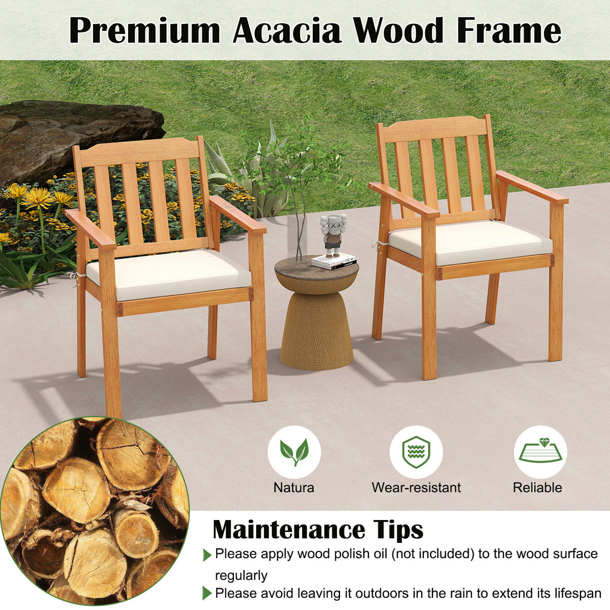 7 Pieces Patio Dining Table Set 63â Rectangle Table and 6 Acacia Wood Armchairs