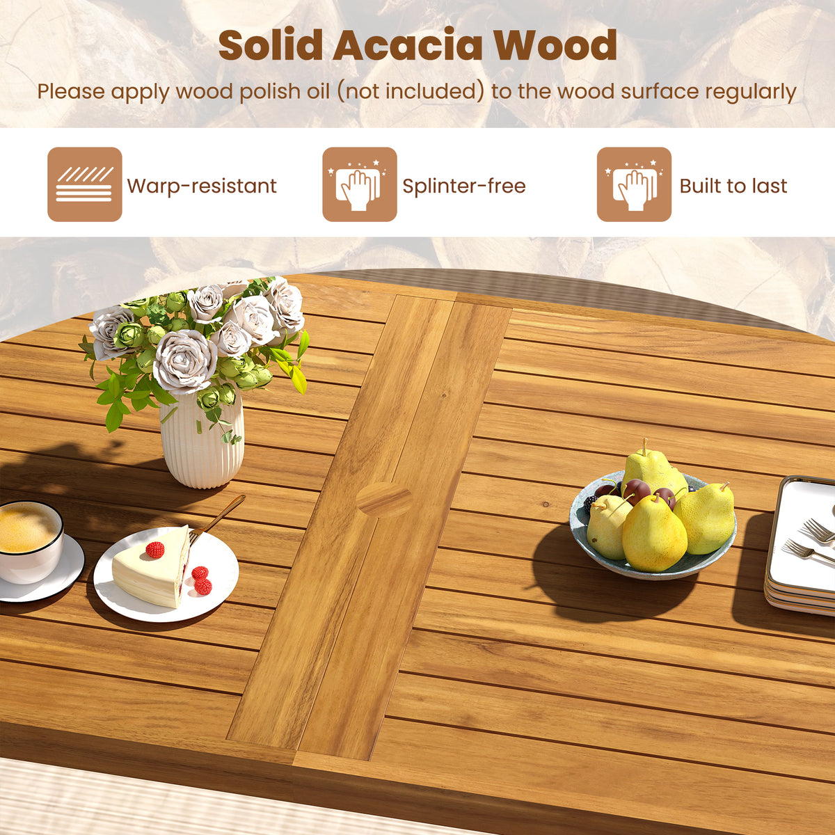 7 Pieces Patio Dining Table Set 63â Rectangle Table and 6 Acacia Wood Armchairs
