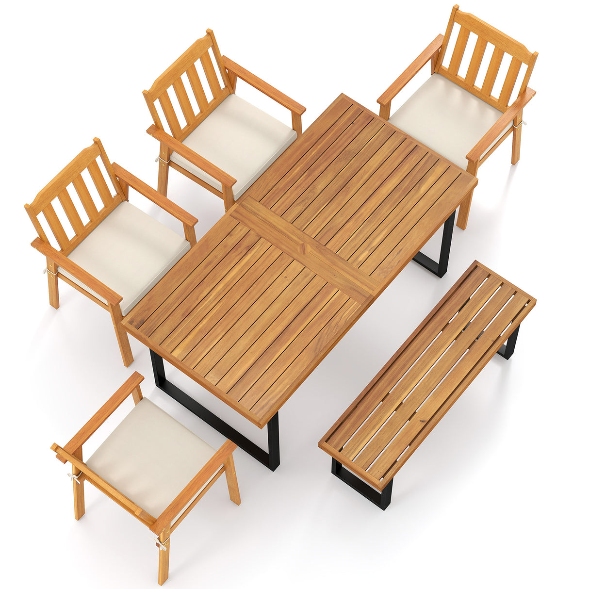 6 Pieces Patio Dining Table Set 63â Rectangle Table with 4 Acacia Wood Armchairs and Backless Bench