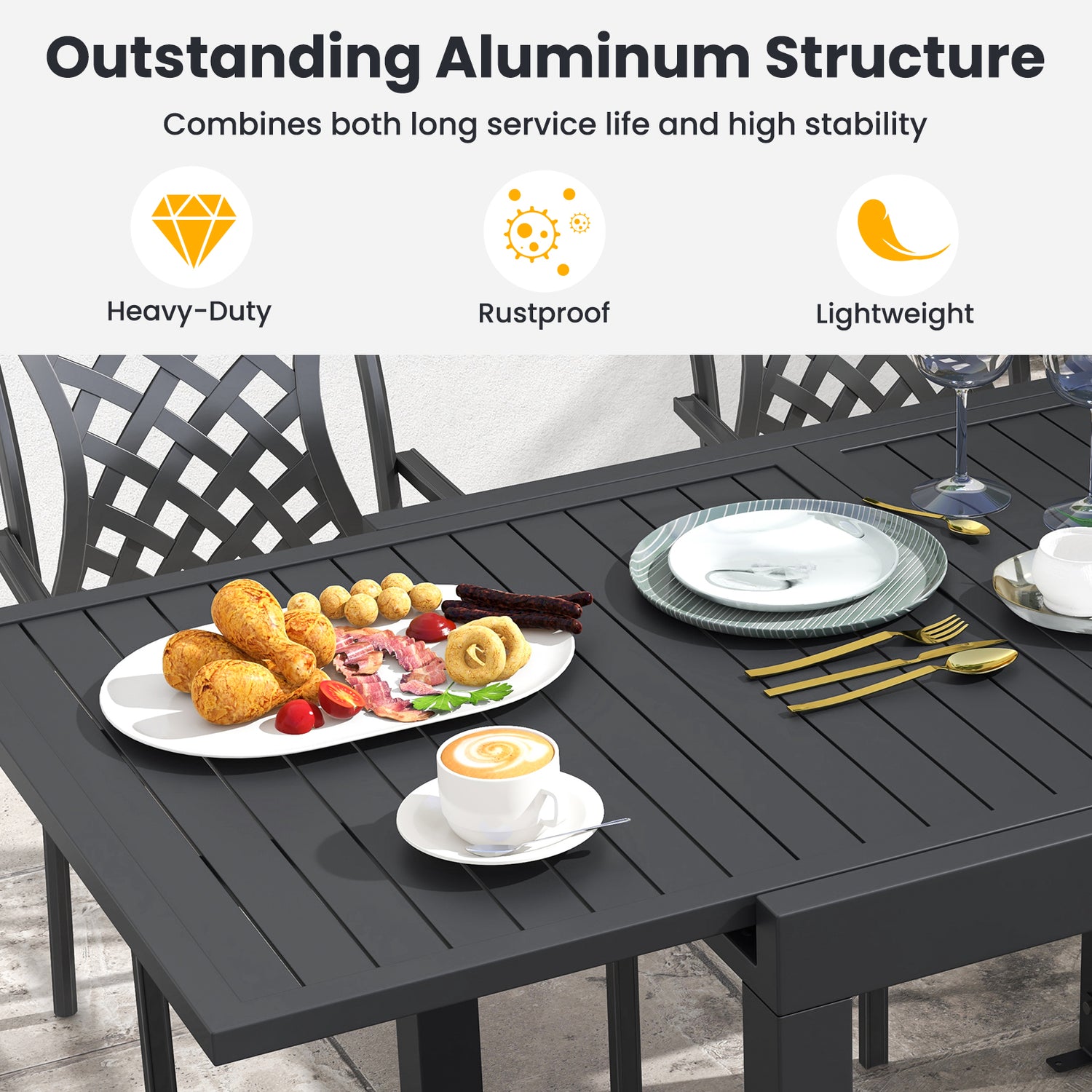 Patio Rectangular Aluminum Table and Stackable Armchairs Set with Slatted Tabletop and Seats