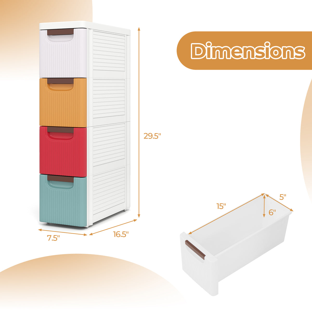 3/4/5/6-Drawer Rolling Organizer Unit Narrow Storage Cabinet with Built-In Wheels for Small Space-3
