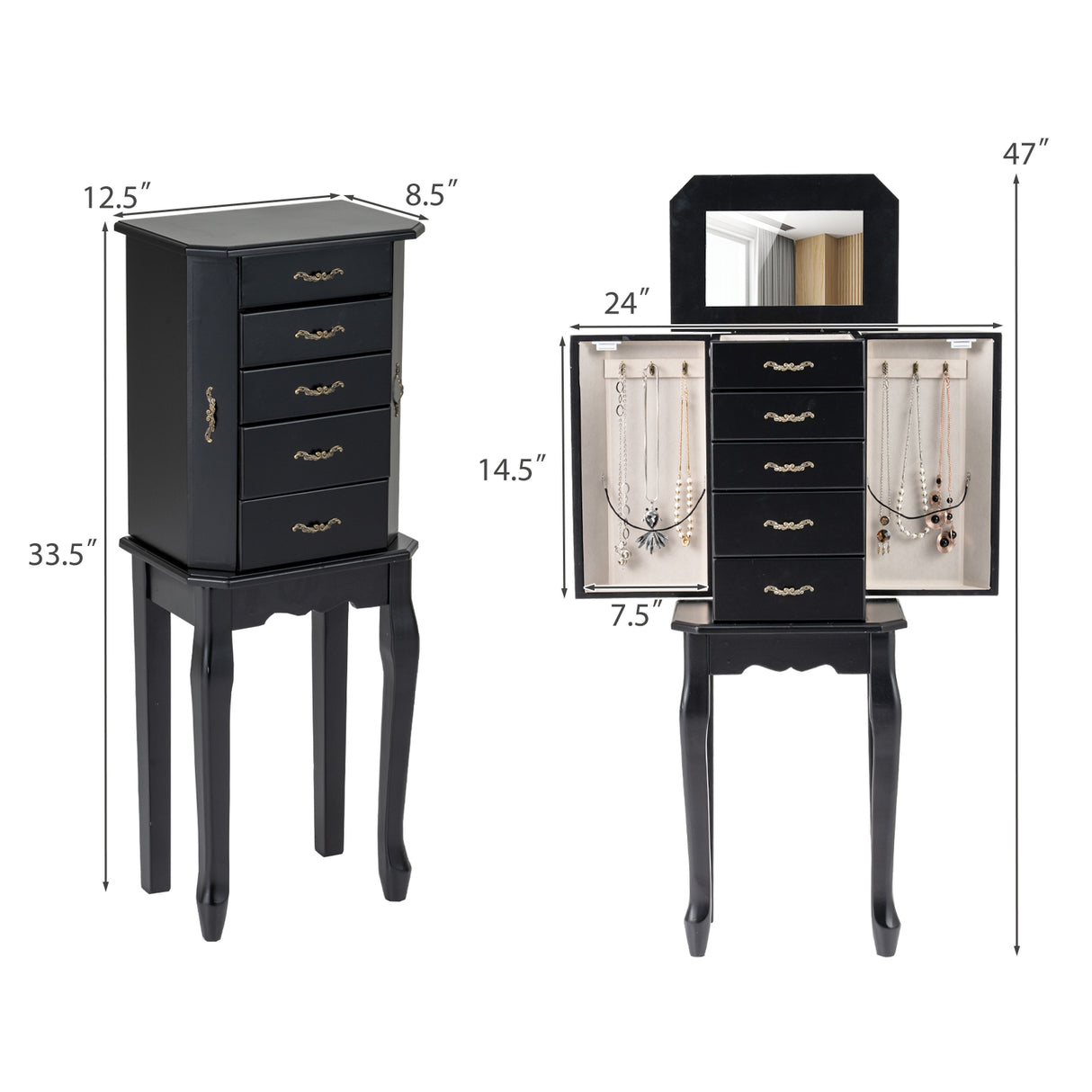 Large Storage Capacity Jewelry Cabinet with 5 Drawers
