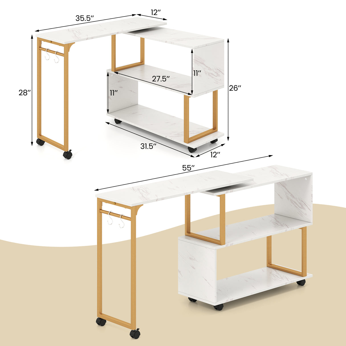360° Rotating Sofa Side Table with Storage Bookcase and Hooks for Living Room-White