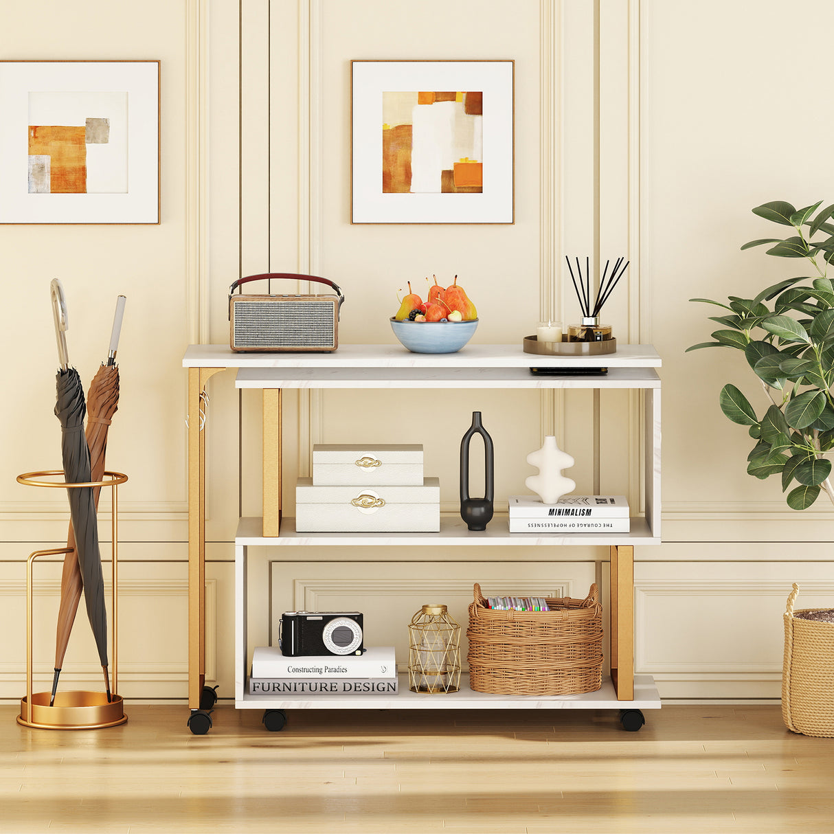 360° Rotating Sofa Side Table with Storage Bookcase and Hooks for Living Room-White