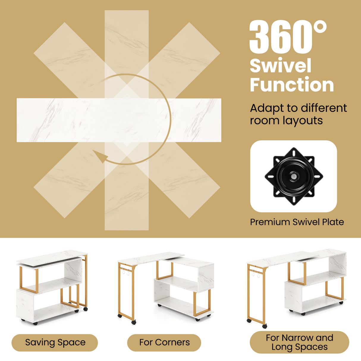 360° Rotating Sofa Side Table with Storage Bookcase and Hooks for Living Room-White