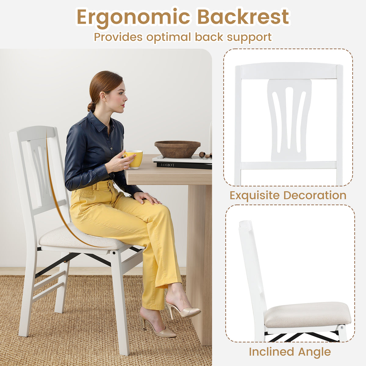 Folding Kitchen Chairs Set of 4 Upholstered Dining Chairs with Comfy Padded Seats-White