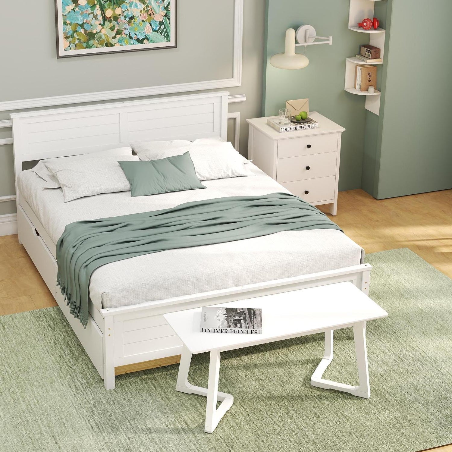 4-Piece Bedroom Furniture Set with Twin Size Bed Frame Entryway Bench Vanity Desk and Jewelry Armoire