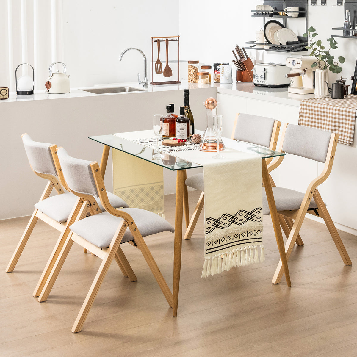 Folding Dining Chair Set of 4 Wooden Upholstered Dining Chairs with Solid Wood Frame