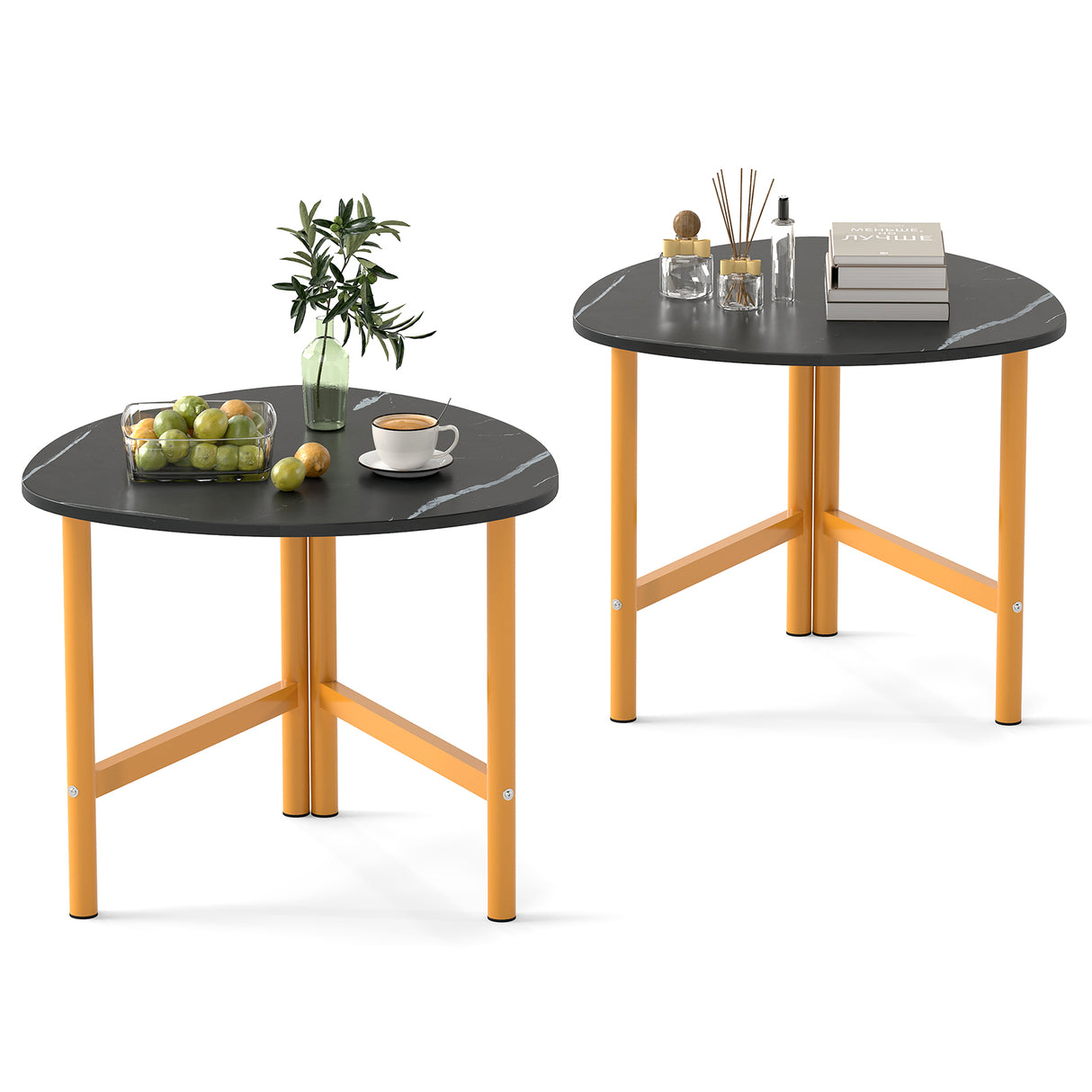 Set of 2 Triangle Coffee Table Oval with Metal Legs