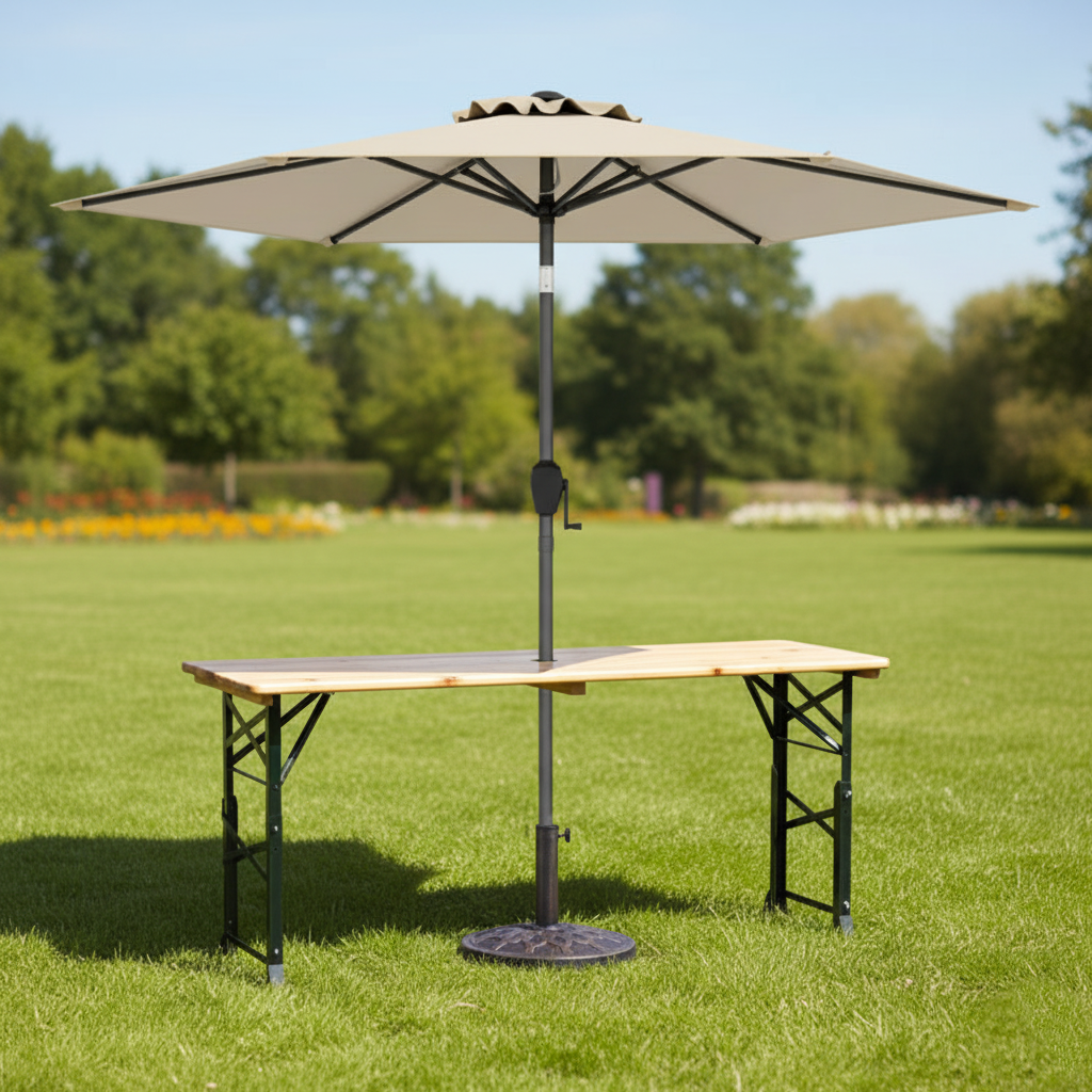 3-Piece Patio Picnic Table Set: Adjustable Wooden Picnic Table + Umbrella + Umbrella Base