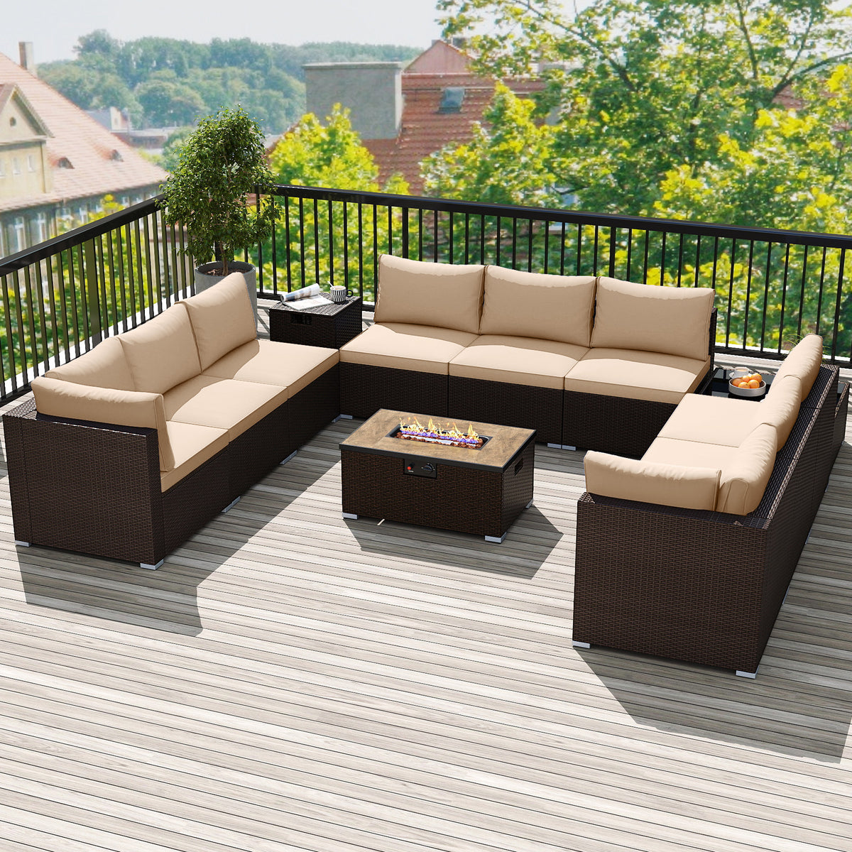 Outdoor PE Rattan Conversation Set with 32â Propane Fire Pit Table and Tank Holder